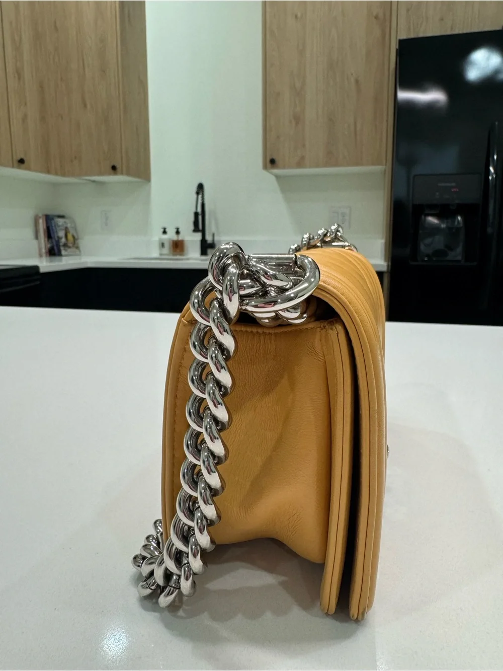 CHANEL Yellow Quilted Chevron Boy Crossbody with Silver Hardware